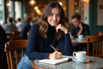 Jeune femme au café écrivant dans un carnet