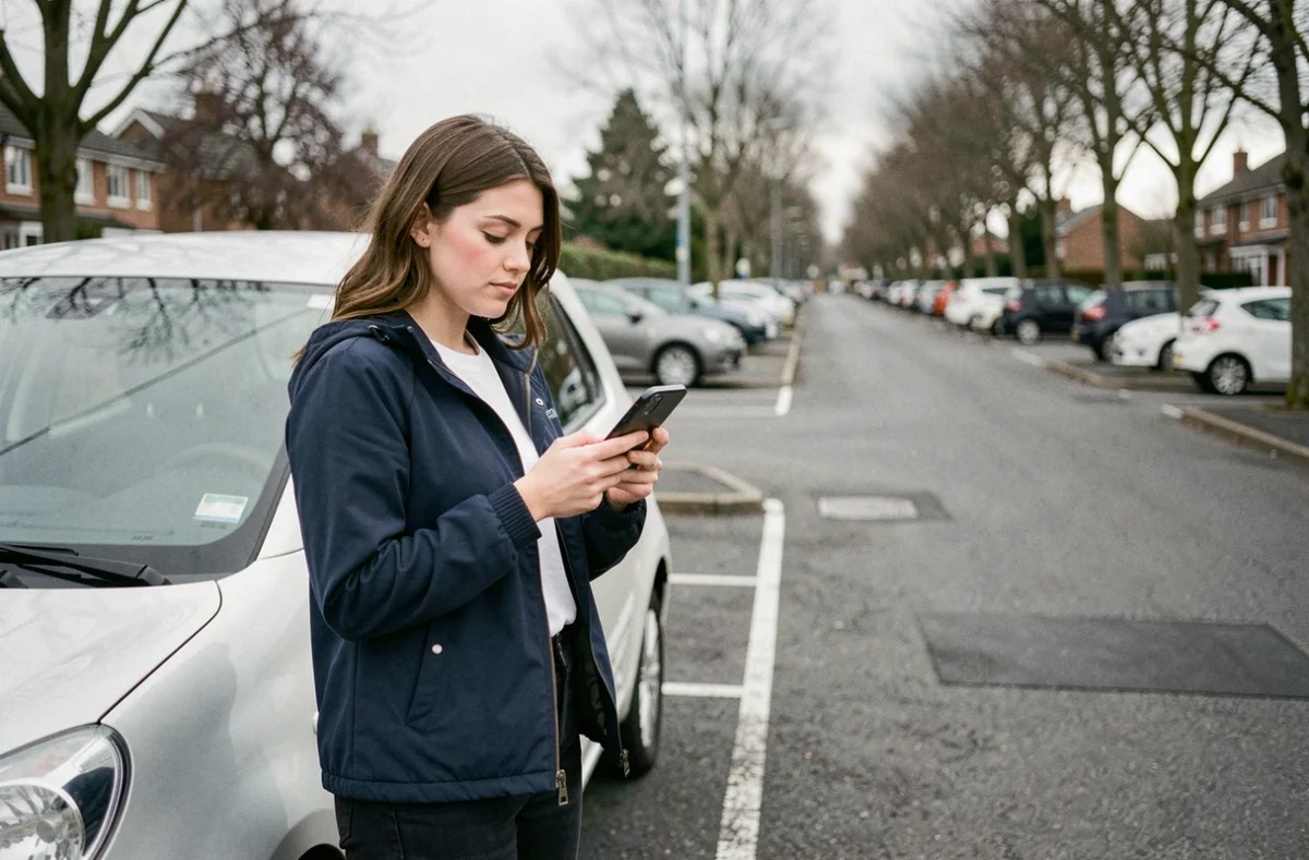 Jeune femme conductrice comparant des offres d'assurance auto sur son smartphone devant une voiture compacte