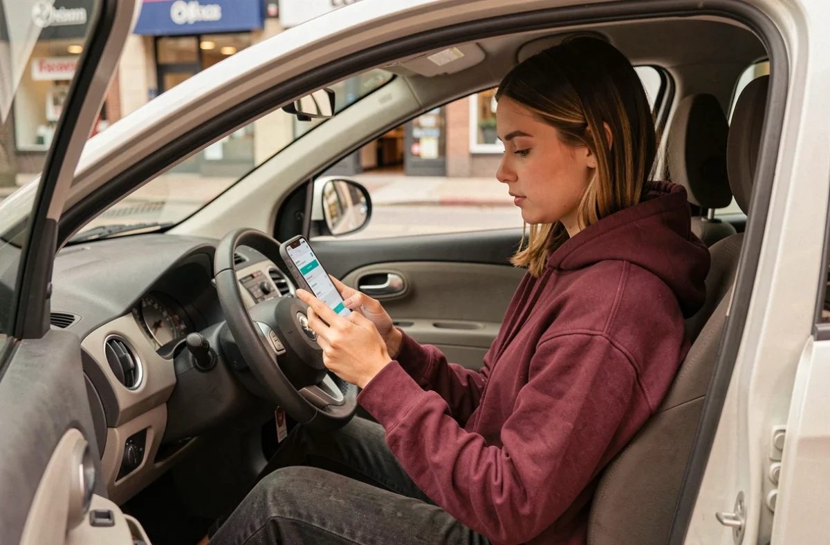Jeune femme conductrice comparant des offres d'assurance auto sur smartphone depuis l'habitacle d'une petite voiture de ville
