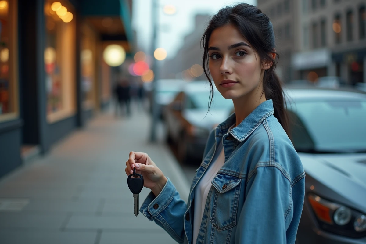 Jeune femme conductrice debout près de sa voiture en ville, tenant ses clés, en lien avec les nouvelles règles d'alcoolémie pour les jeunes permis