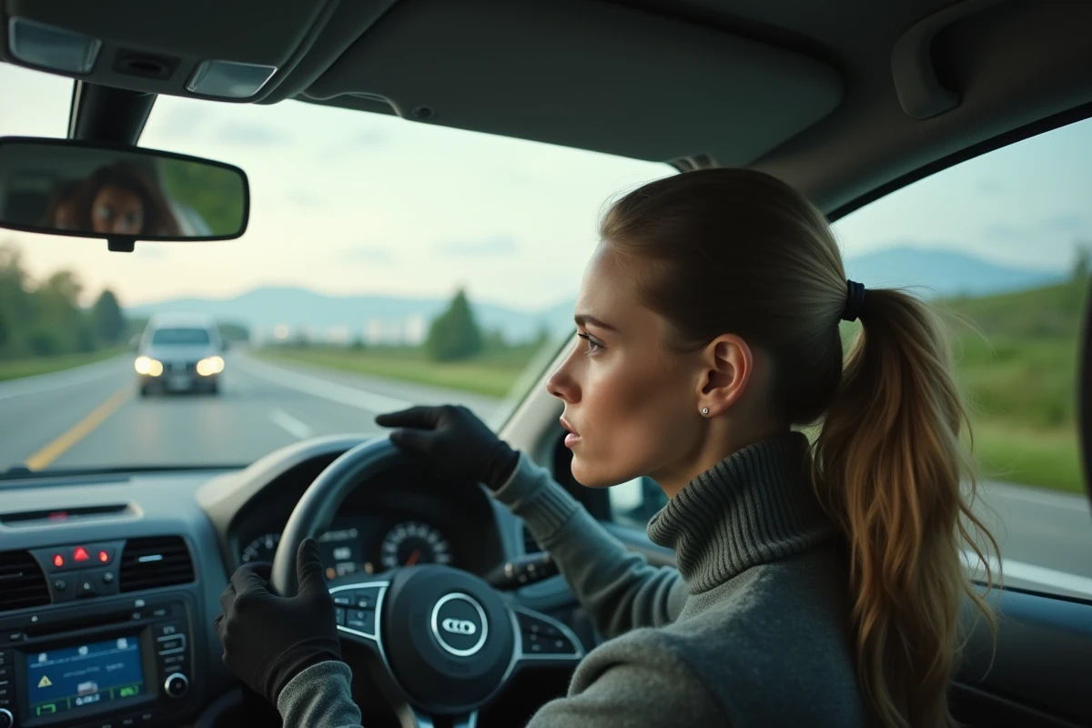 Jeune femme dépassant un camion sur une route européenne