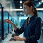 Jeune femme ingénieur touchant un prototype innovant en bureau moderne