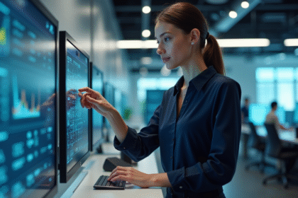Jeune femme ingénieur touchant un prototype innovant en bureau moderne