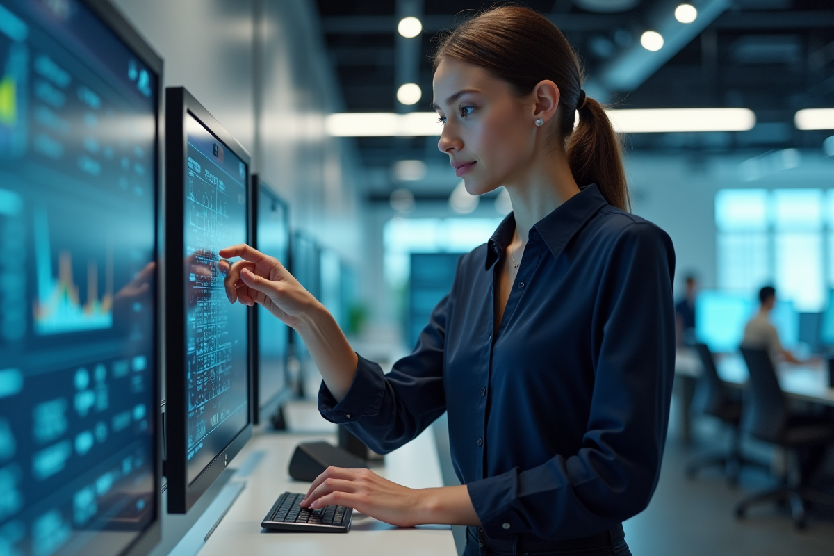 Jeune femme ingénieur touchant un prototype innovant en bureau moderne