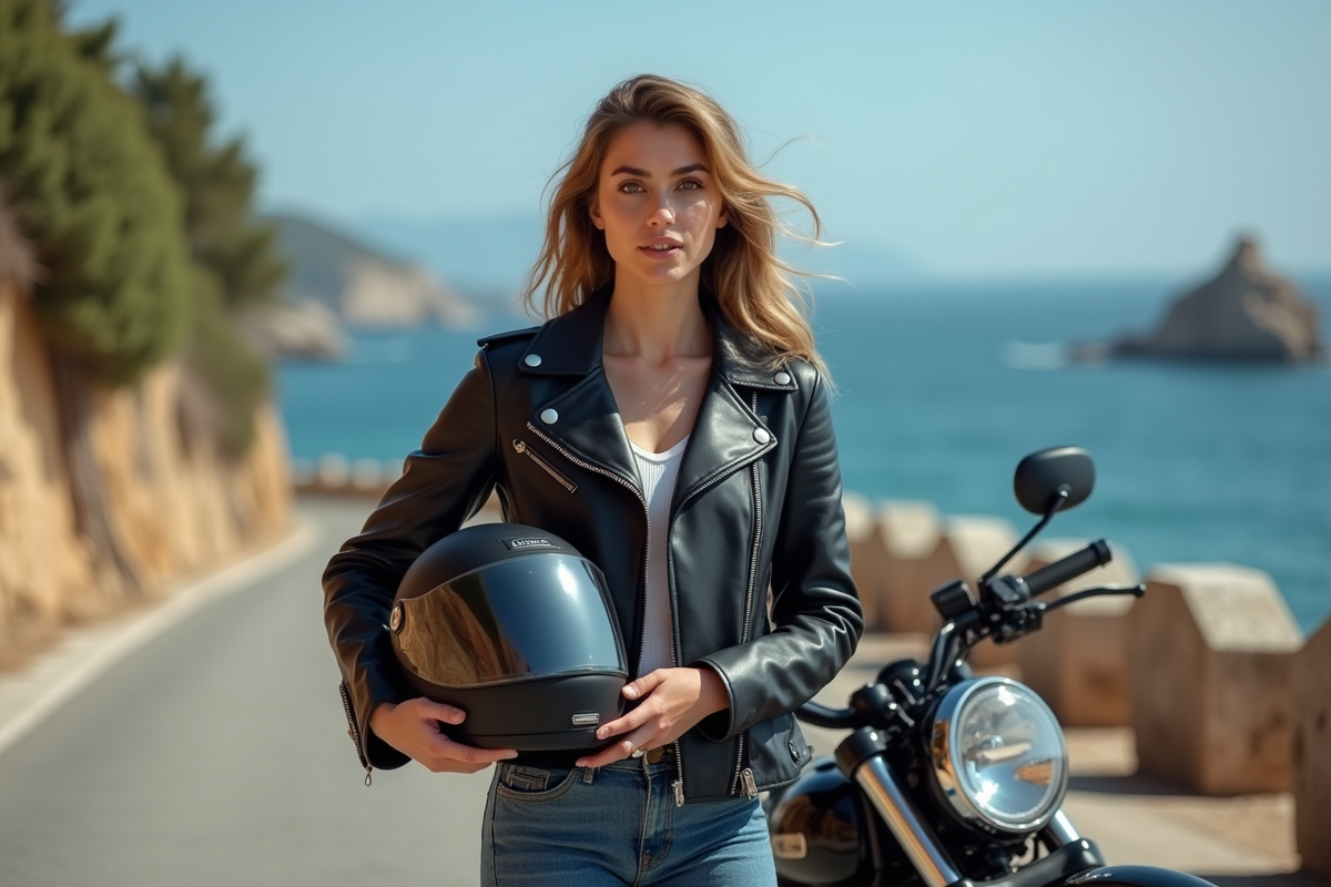 Jeune femme espagnole avec casque et moto au bord de mer
