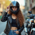 Jeune femme ajustant son casque moto en extérieur