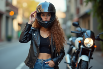 Jeune femme ajustant son casque moto en extérieur