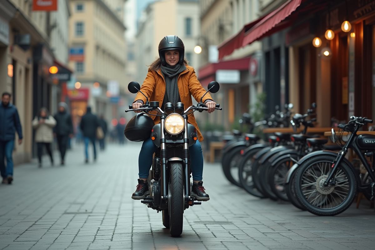 Jeune femme en tenue urbaine arrêtant sa moto près d
