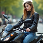 Jeune femme en moto dans la rue urbaine avec symbole L