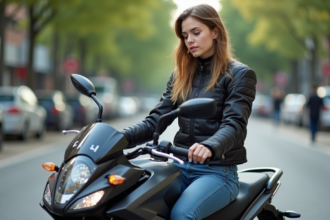 Jeune femme en moto dans la rue urbaine avec symbole L