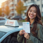 Jeune femme souriante avec permis de conduire et voiture moderne