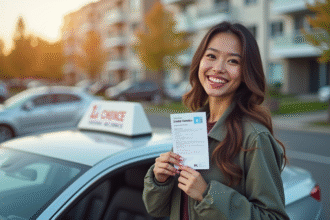 Jeune femme souriante avec permis de conduire et voiture moderne