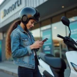 Jeune femme avec scooter 50cc devant concession