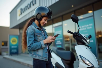 Jeune femme avec scooter 50cc devant concession