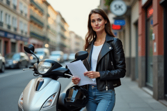 Jeune femme avec scooter 125cc en ville