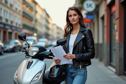 Jeune femme avec scooter 125cc en ville