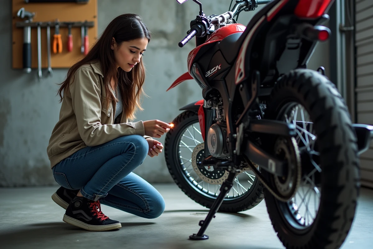 Jeune femme vérifiant le pneu arrière d