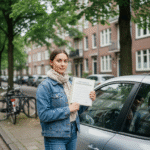 Jeune femme avec document d'assurance devant voiture électrique