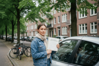 Jeune femme avec document d'assurance devant voiture électrique