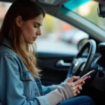 Jeune femme dans sa voiture utilisant une application mobile