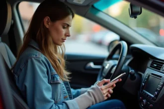 Jeune femme dans sa voiture utilisant une application mobile