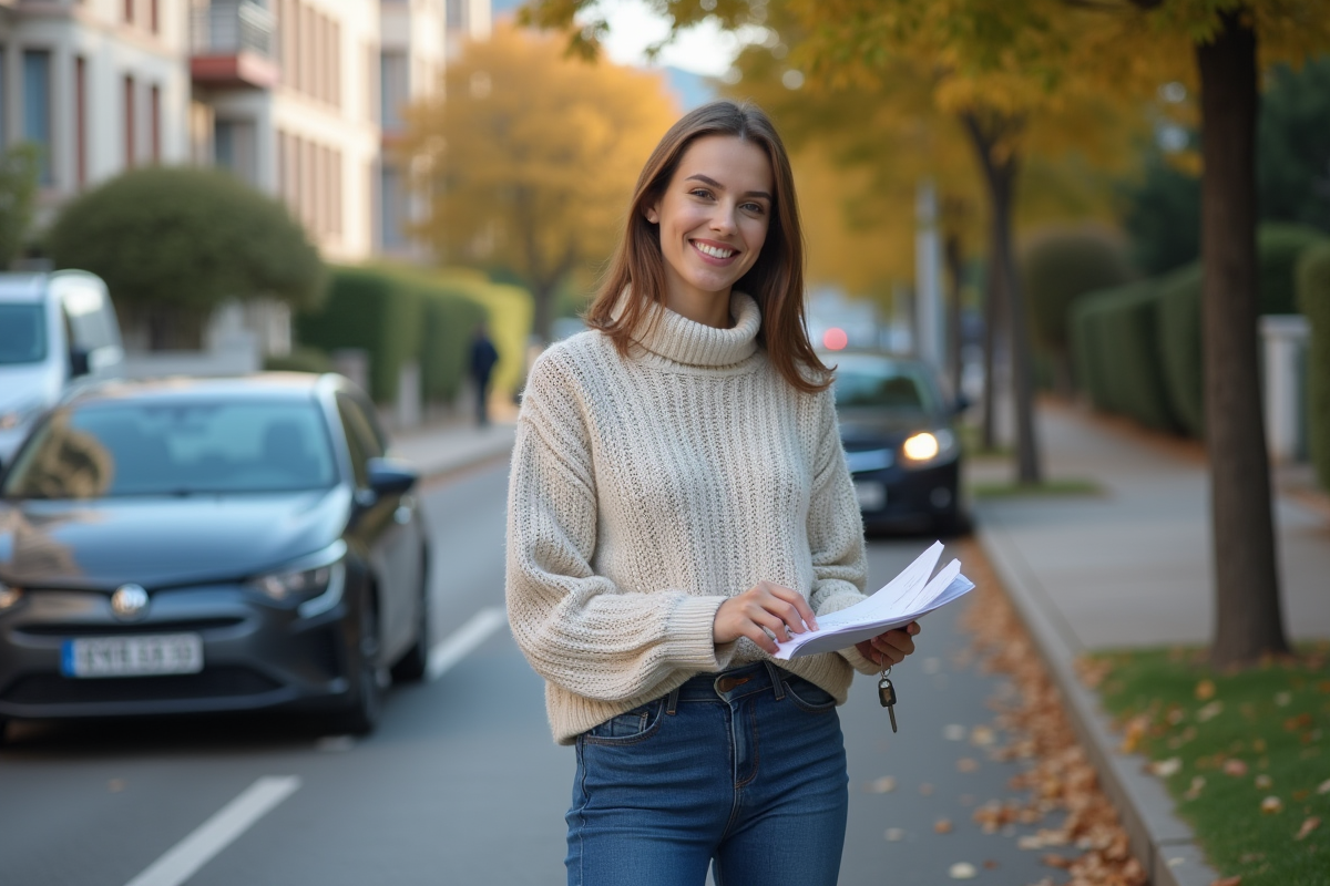 Jeune femme souriante avec clés et assurance voiture