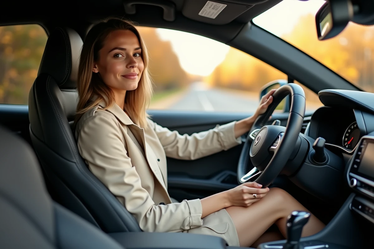 Jeune femme au volant d'une Cupra Formentor avec intérieur moderne et vue sur route suburbaine automnale
