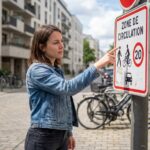 Jeune femme regardant un panneau de circulation urbaine