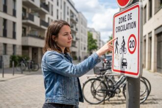 Jeune femme regardant un panneau de circulation urbaine