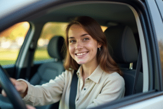 Jeune femme souriante montrant son permis de conduire à l'intérieur d'une voiture