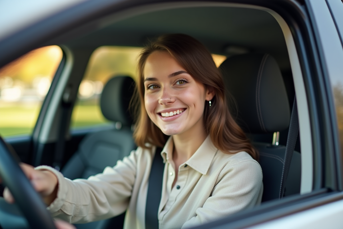 Jeune femme souriante montrant son permis de conduire à l'intérieur d'une voiture
