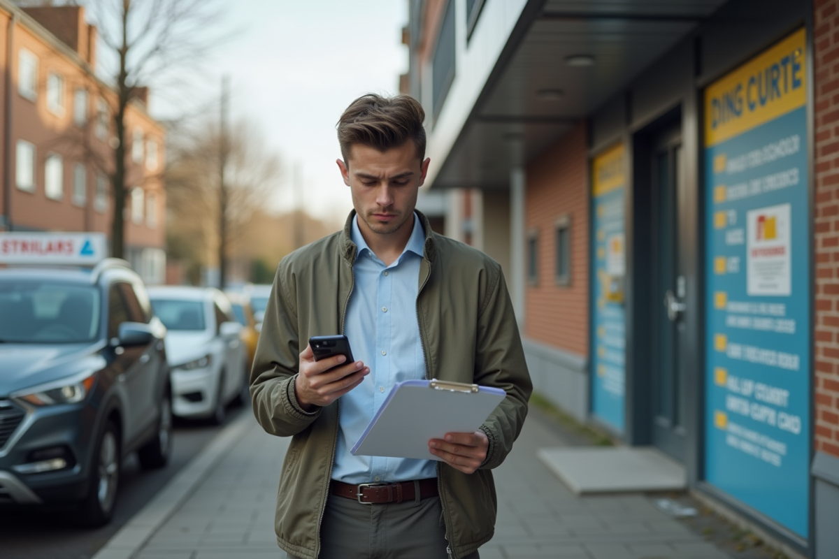 Jeune homme vérifiant son téléphone devant une école de conduite en ville