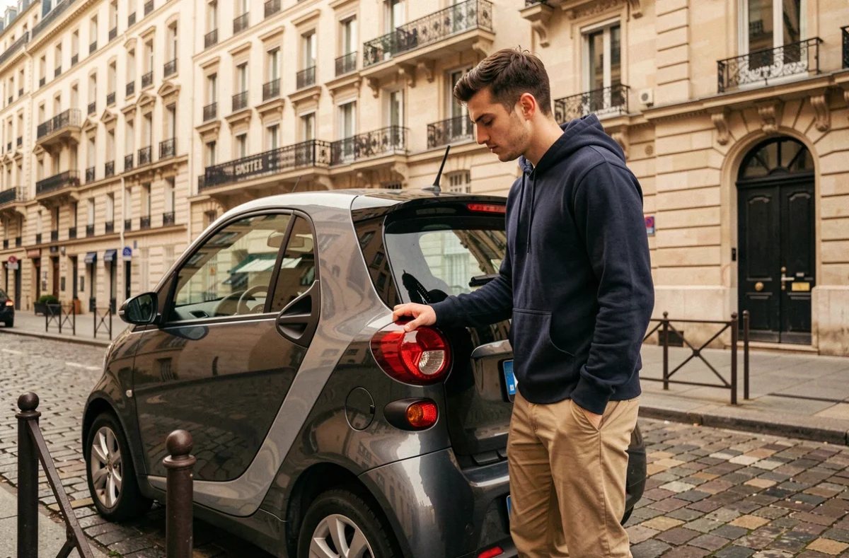 Jeune homme inspectant une voiture sans permis électrique dans une rue parisienne