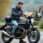 Jeune homme en moto dans un quartier résidentiel