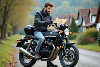 Jeune homme en moto dans un quartier résidentiel