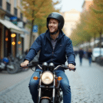 Jeune homme en moto urbaine sur une rue pavée