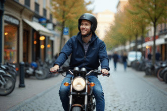 Jeune homme en moto urbaine sur une rue pavée