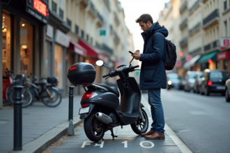 Jeune homme utilisant une application de stationnement à Paris