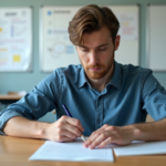 Jeune homme en classe remplissant un formulaire