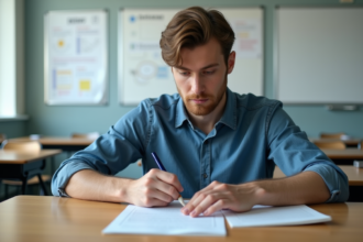 Jeune homme en classe remplissant un formulaire