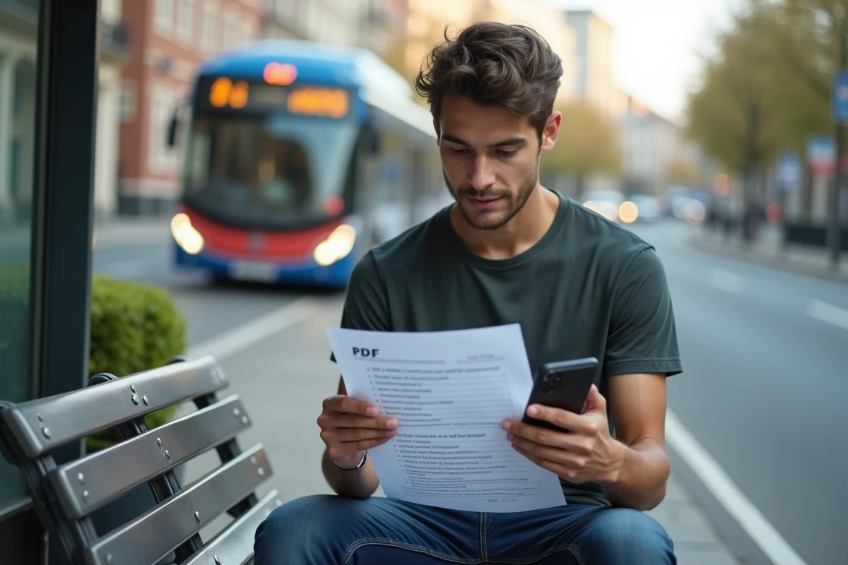 Jeune homme relisant un document de conduite à un arrêt de bus