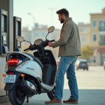 Jeune homme faisant le plein de son scooter en ville