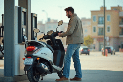 Jeune homme faisant le plein de son scooter en ville