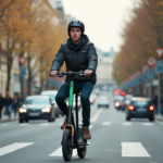Jeune homme roulant en scooter électrique dans une rue parisienne
