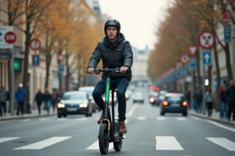 Jeune homme roulant en scooter électrique dans une rue parisienne