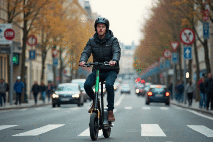 Jeune homme roulant en scooter électrique dans une rue parisienne