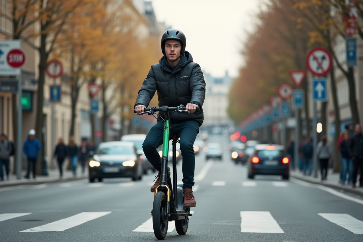Jeune homme roulant en scooter électrique dans une rue parisienne
