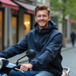Jeune homme souriant avec scooter en ville dynamique