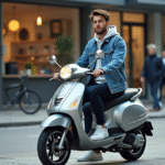 Jeune homme en denim sur scooter en ville dynamique