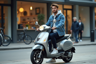Jeune homme en denim sur scooter en ville dynamique